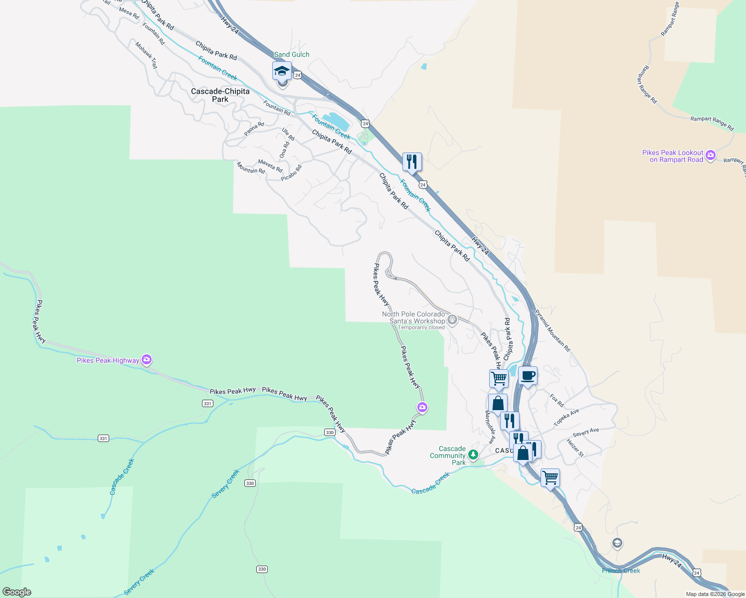 map of restaurants, bars, coffee shops, grocery stores, and more near 5069 Pikes Peak Highway in Cascade-Chipita Park