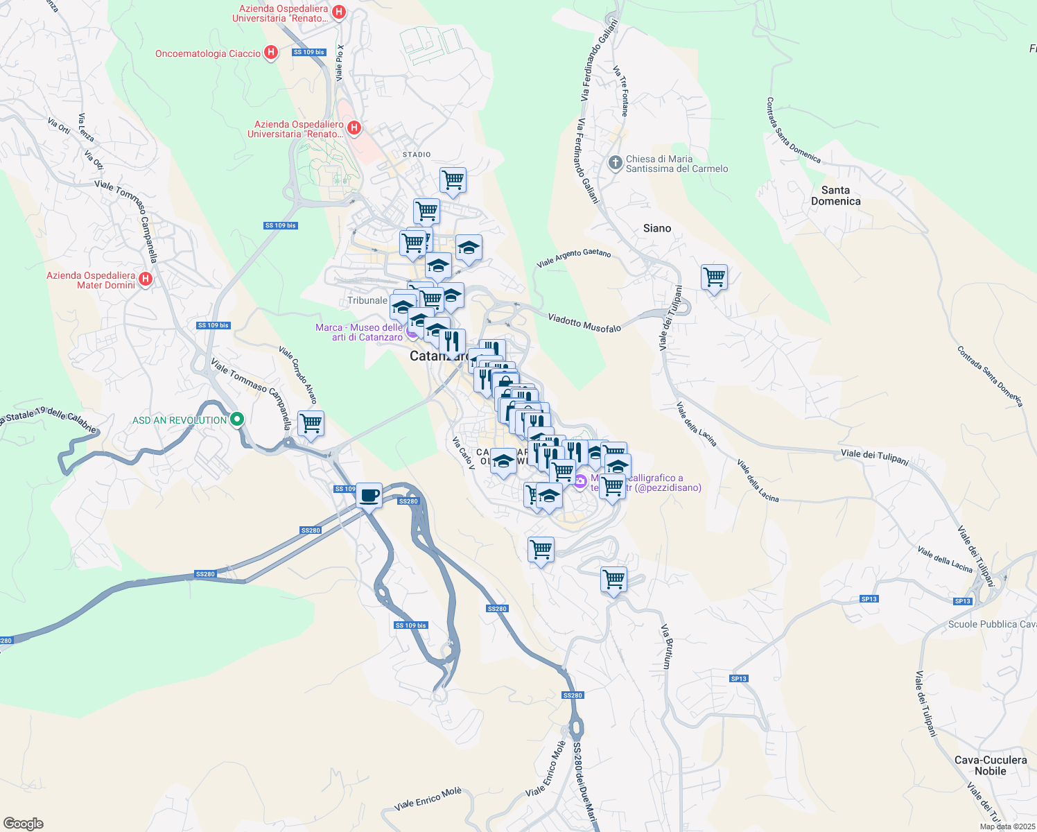 map of restaurants, bars, coffee shops, grocery stores, and more near 3 Via Giovanni Jannoni in Catanzaro