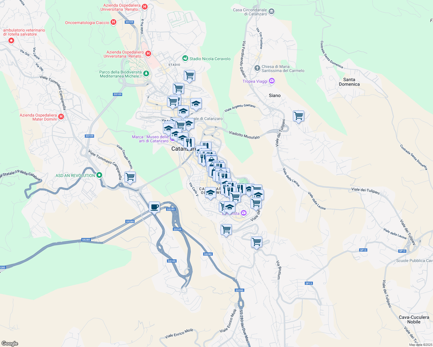 map of restaurants, bars, coffee shops, grocery stores, and more near 3 Via Giovanni Jannoni in Catanzaro