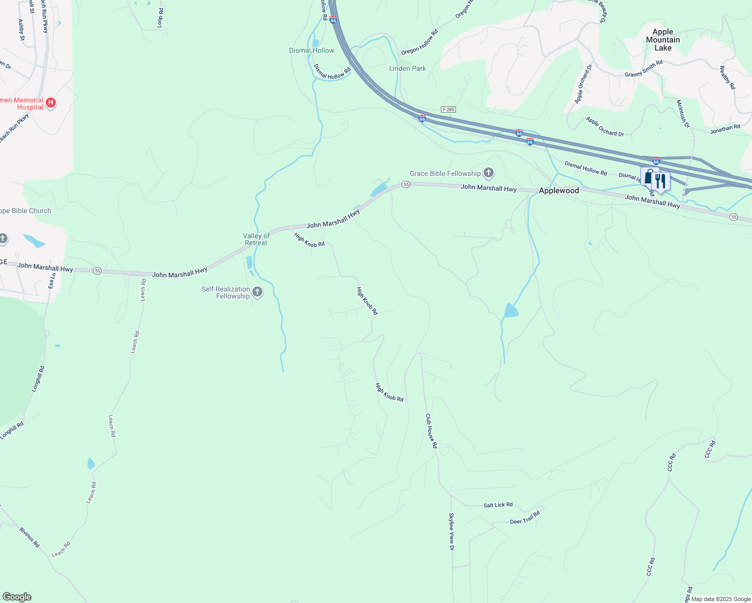 map of restaurants, bars, coffee shops, grocery stores, and more near 567 High Knob Road in Front Royal