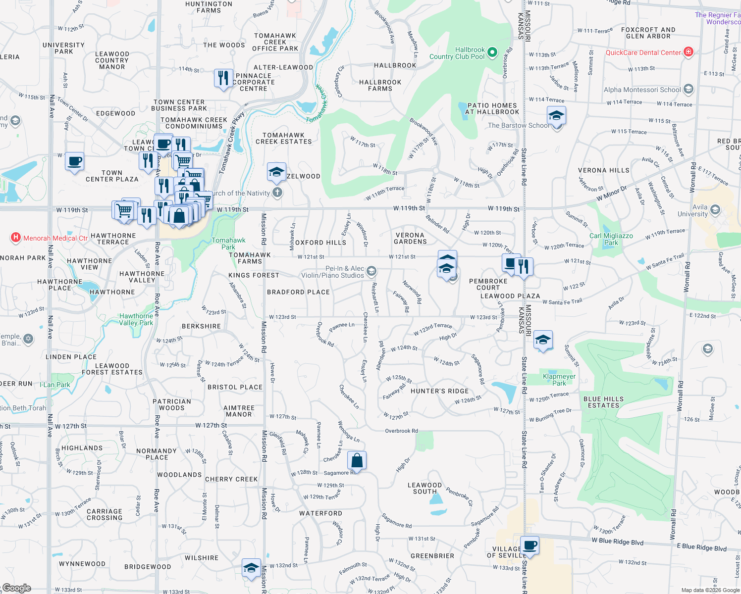 map of restaurants, bars, coffee shops, grocery stores, and more near 12212 Reinhardt Lane in Leawood