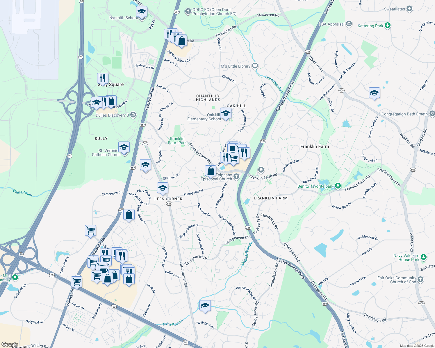 map of restaurants, bars, coffee shops, grocery stores, and more near 13430 Hidden Meadow Court in Herndon