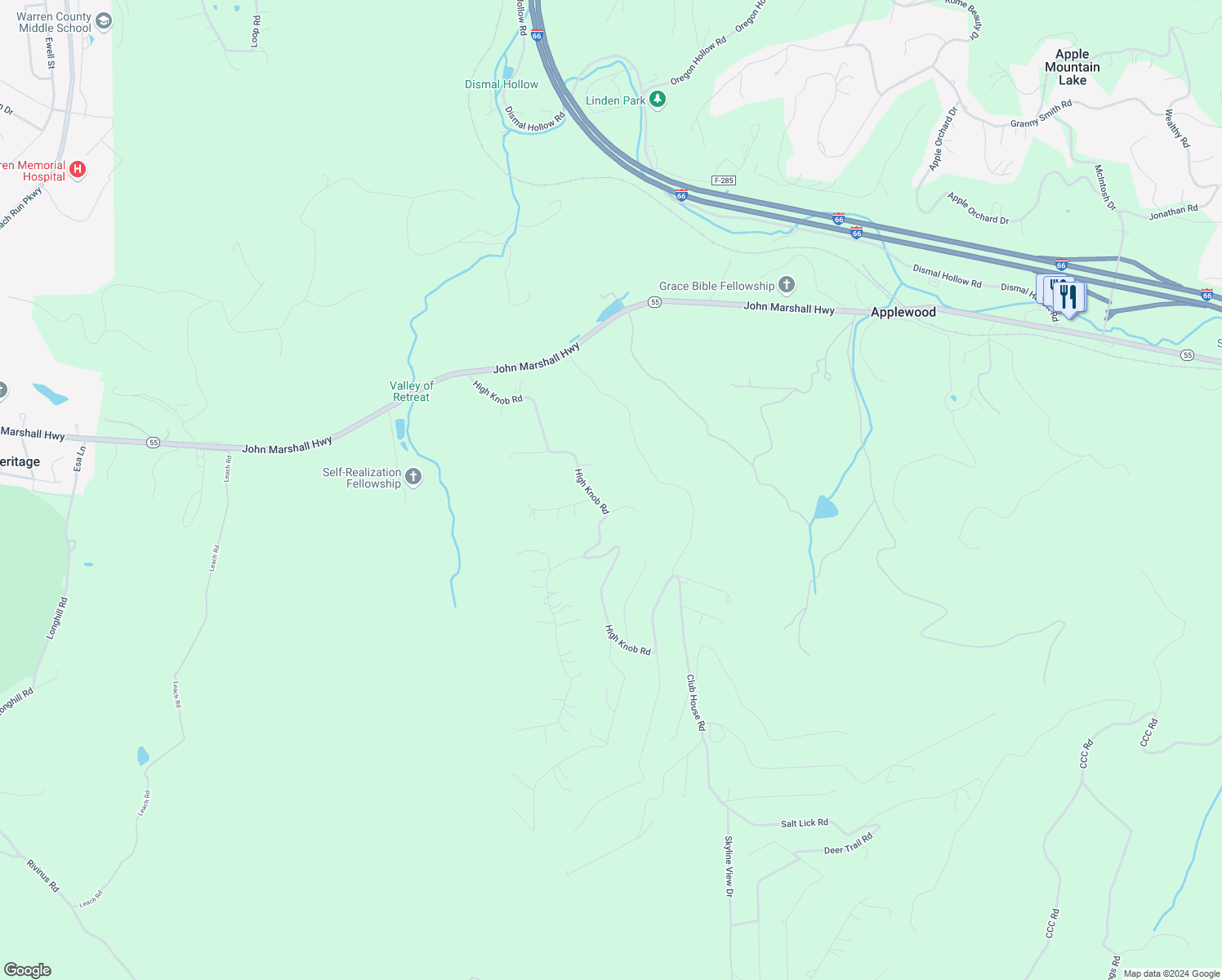 map of restaurants, bars, coffee shops, grocery stores, and more near 567 High Knob Road in Front Royal