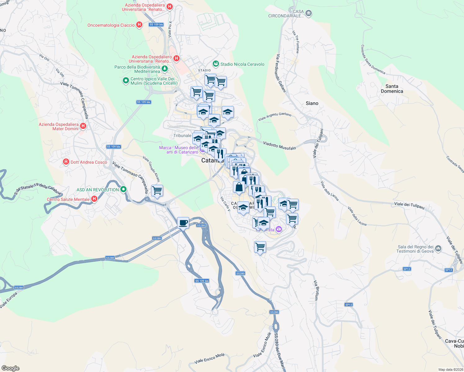 map of restaurants, bars, coffee shops, grocery stores, and more near 28A Via Scalfaro in Catanzaro