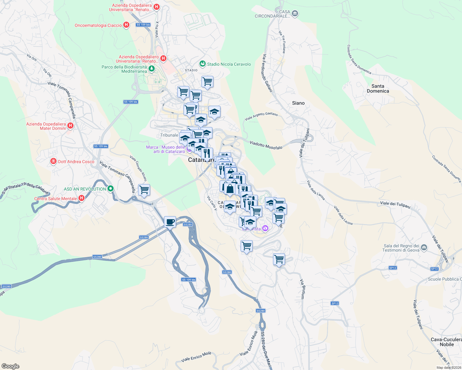 map of restaurants, bars, coffee shops, grocery stores, and more near 150 Corso G. Mazzini in Catanzaro