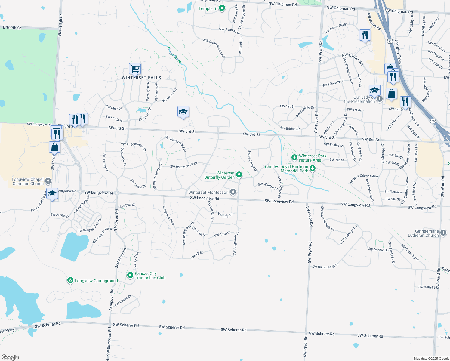 map of restaurants, bars, coffee shops, grocery stores, and more near 712 Southwest Springwater Lane in Lee's Summit