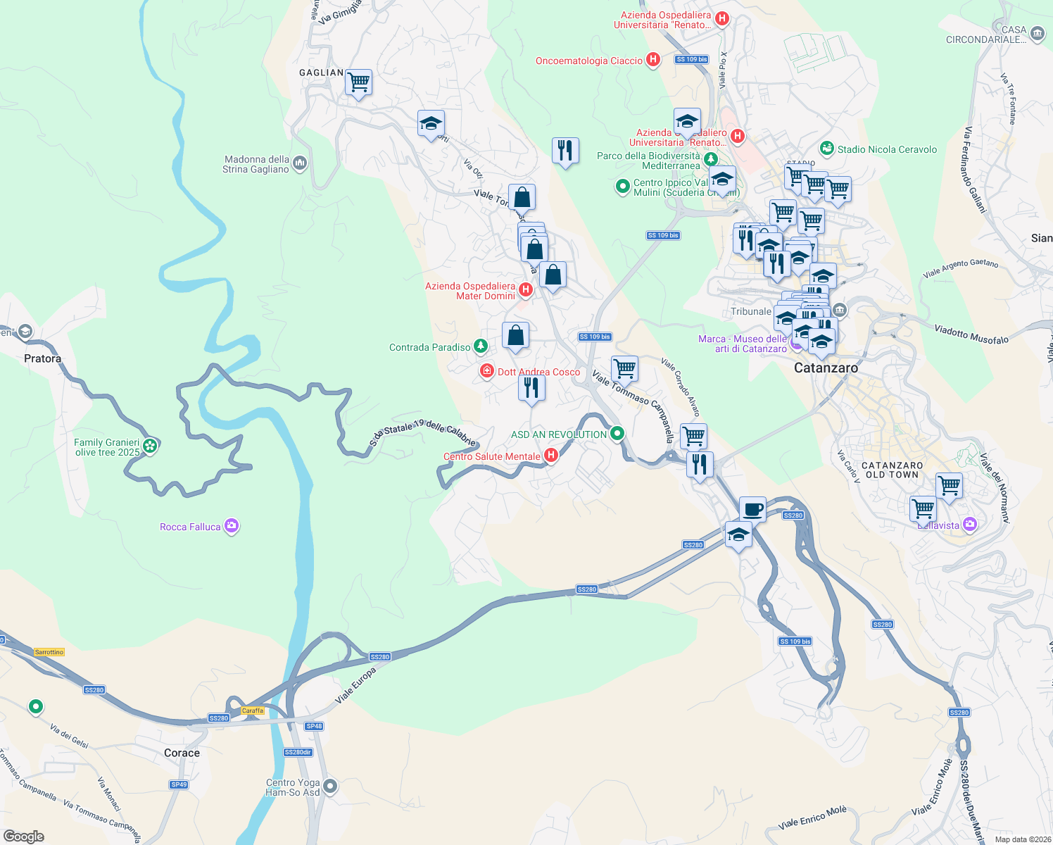 map of restaurants, bars, coffee shops, grocery stores, and more near 36 Viale Barlaam da Seminara in Catanzaro