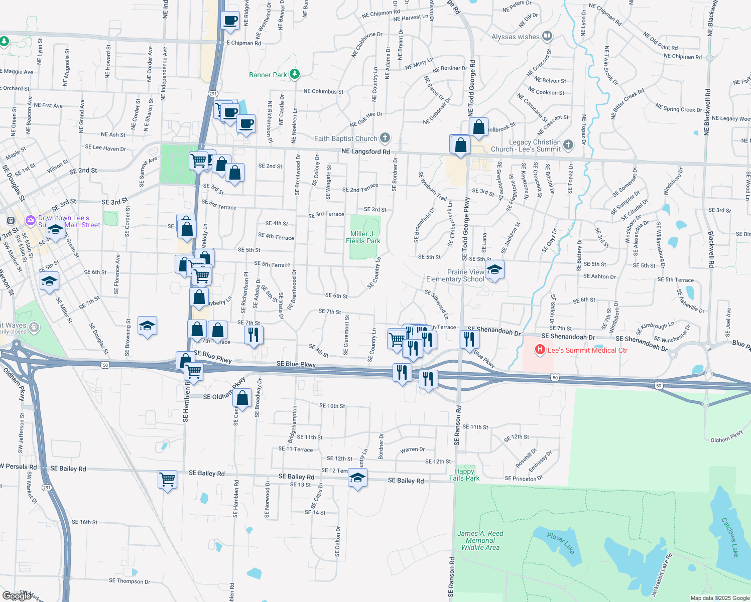 map of restaurants, bars, coffee shops, grocery stores, and more near 601 SE Country Ln in Lee's Summit