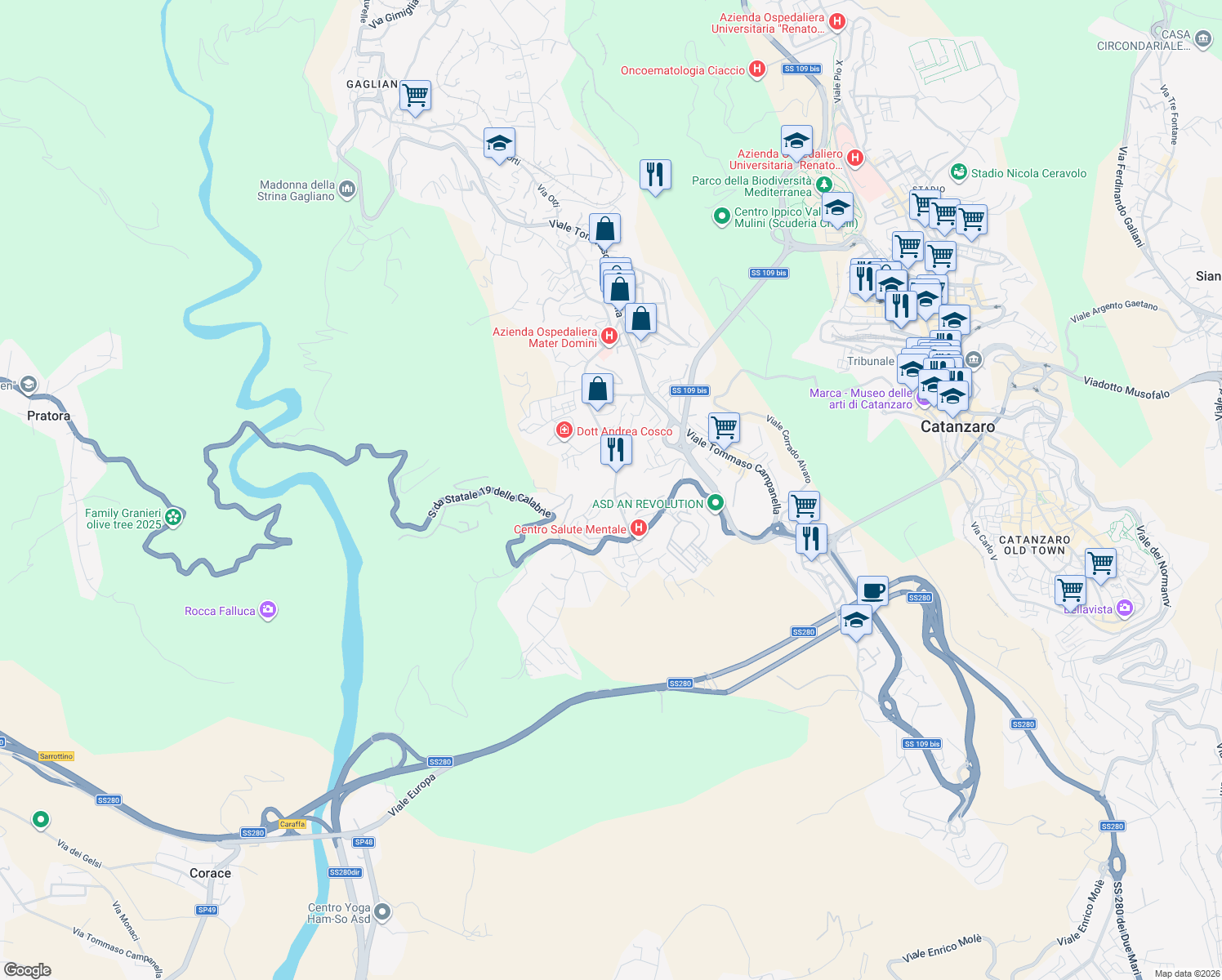 map of restaurants, bars, coffee shops, grocery stores, and more near 36 Viale Barlaam da Seminara in Catanzaro