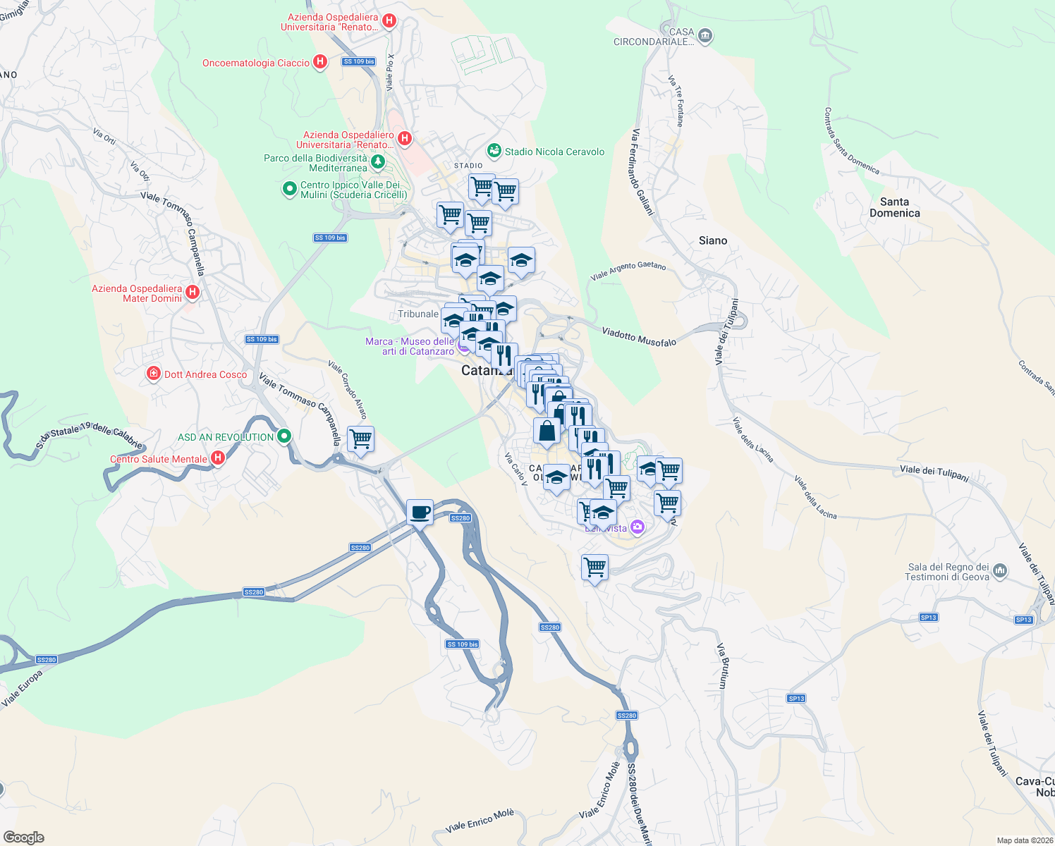 map of restaurants, bars, coffee shops, grocery stores, and more near 28A Via Scalfaro in Catanzaro