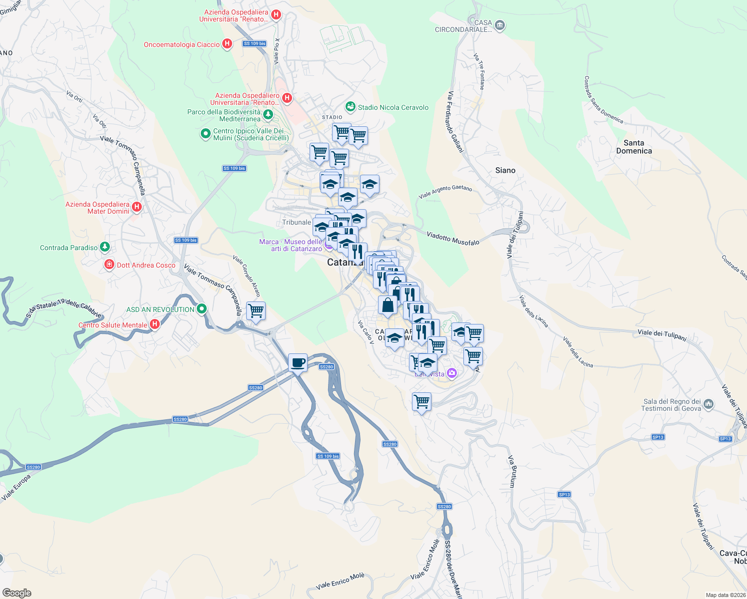 map of restaurants, bars, coffee shops, grocery stores, and more near 28A Via Scalfaro in Catanzaro