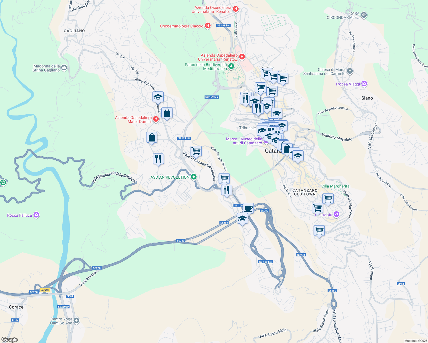 map of restaurants, bars, coffee shops, grocery stores, and more near 8b Viale Tommaso Campanella in Catanzaro
