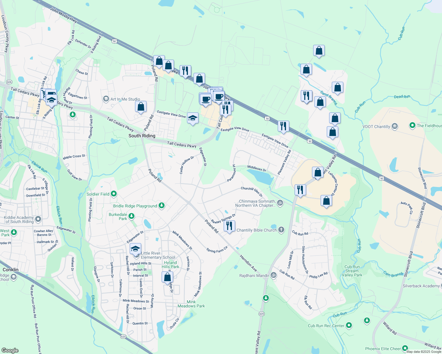 map of restaurants, bars, coffee shops, grocery stores, and more near 25651 Green Fern Court in Chantilly