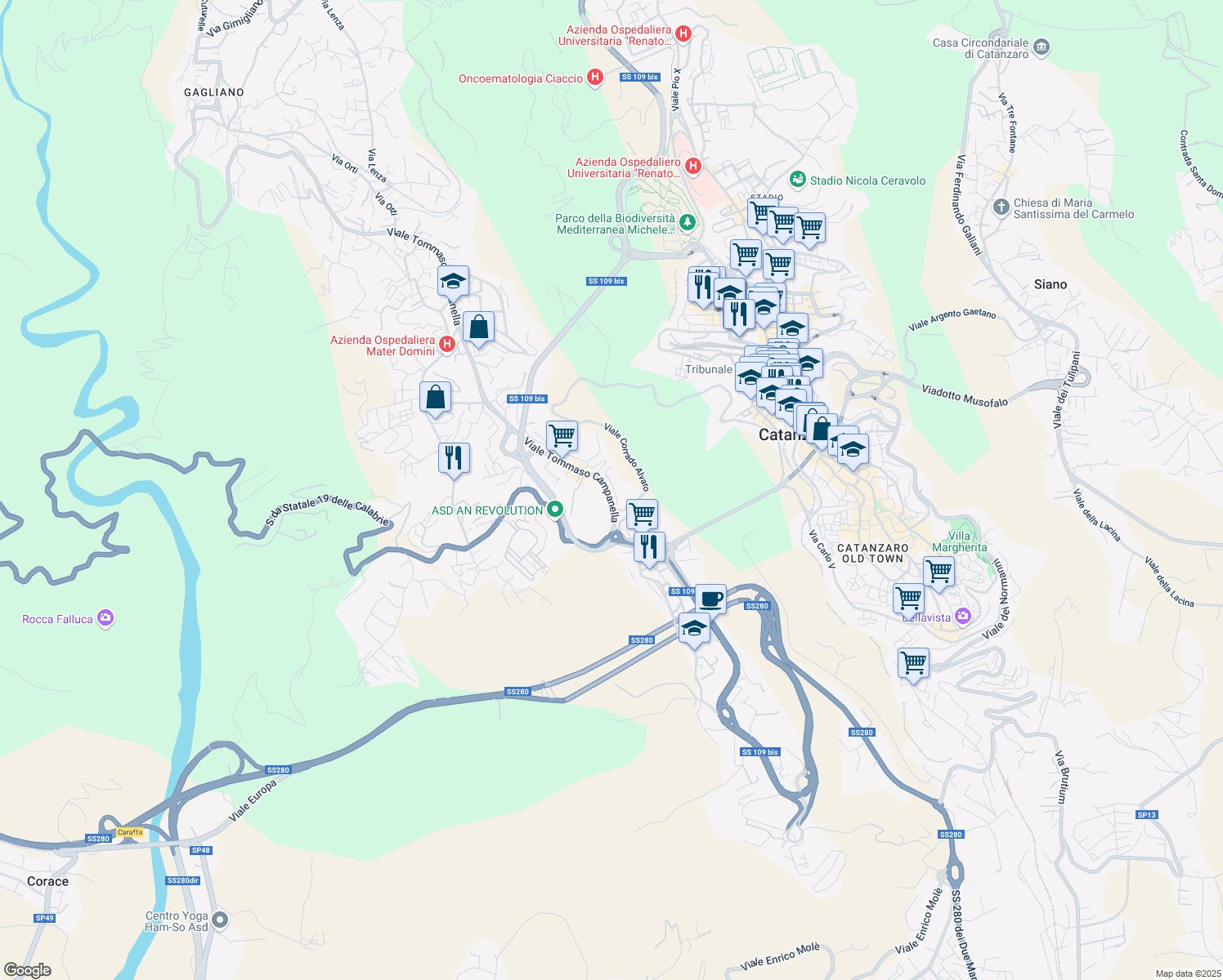 map of restaurants, bars, coffee shops, grocery stores, and more near 8b Viale Tommaso Campanella in Catanzaro