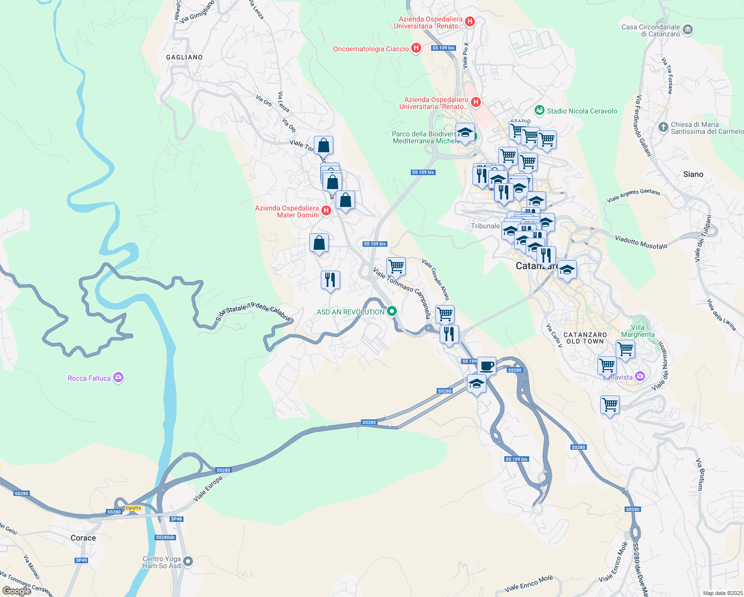 map of restaurants, bars, coffee shops, grocery stores, and more near Traversa Barlaam da Seminara in Catanzaro