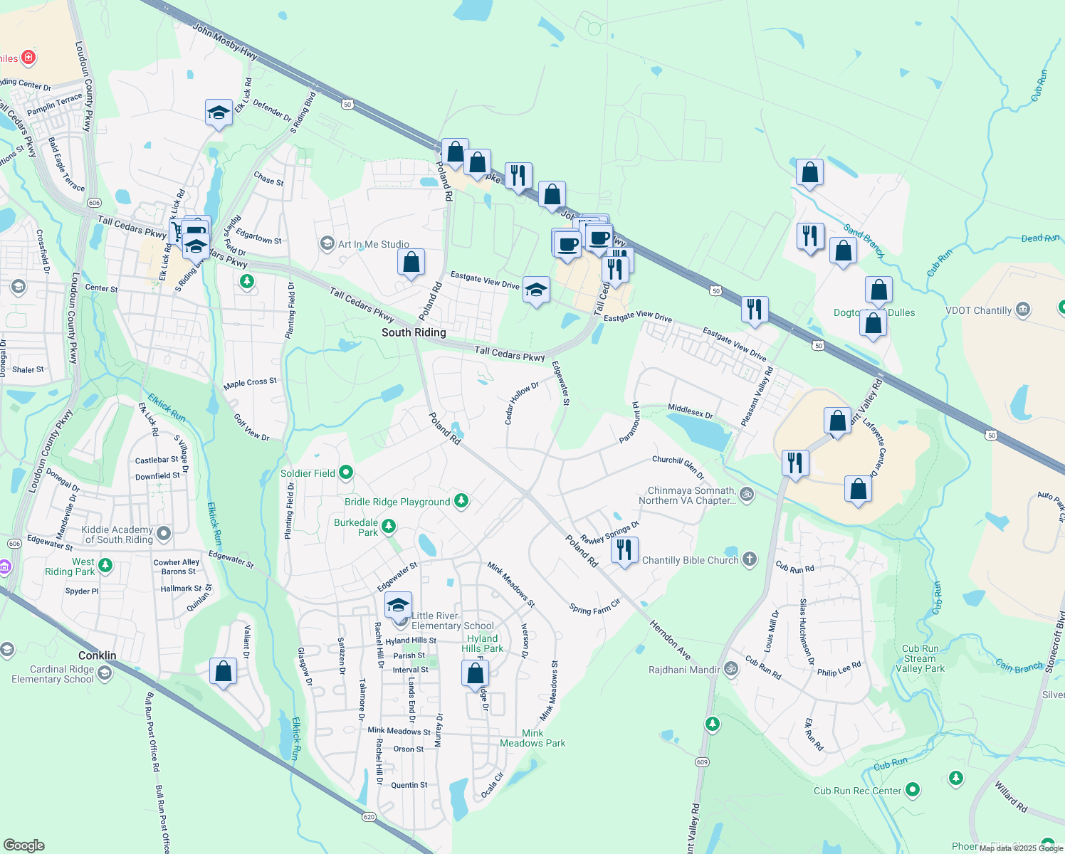 map of restaurants, bars, coffee shops, grocery stores, and more near 25665 Pleasant Woods Court in Chantilly