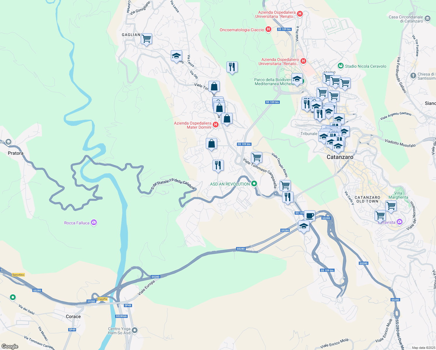 map of restaurants, bars, coffee shops, grocery stores, and more near Traversa Barlaam da Seminara in Catanzaro