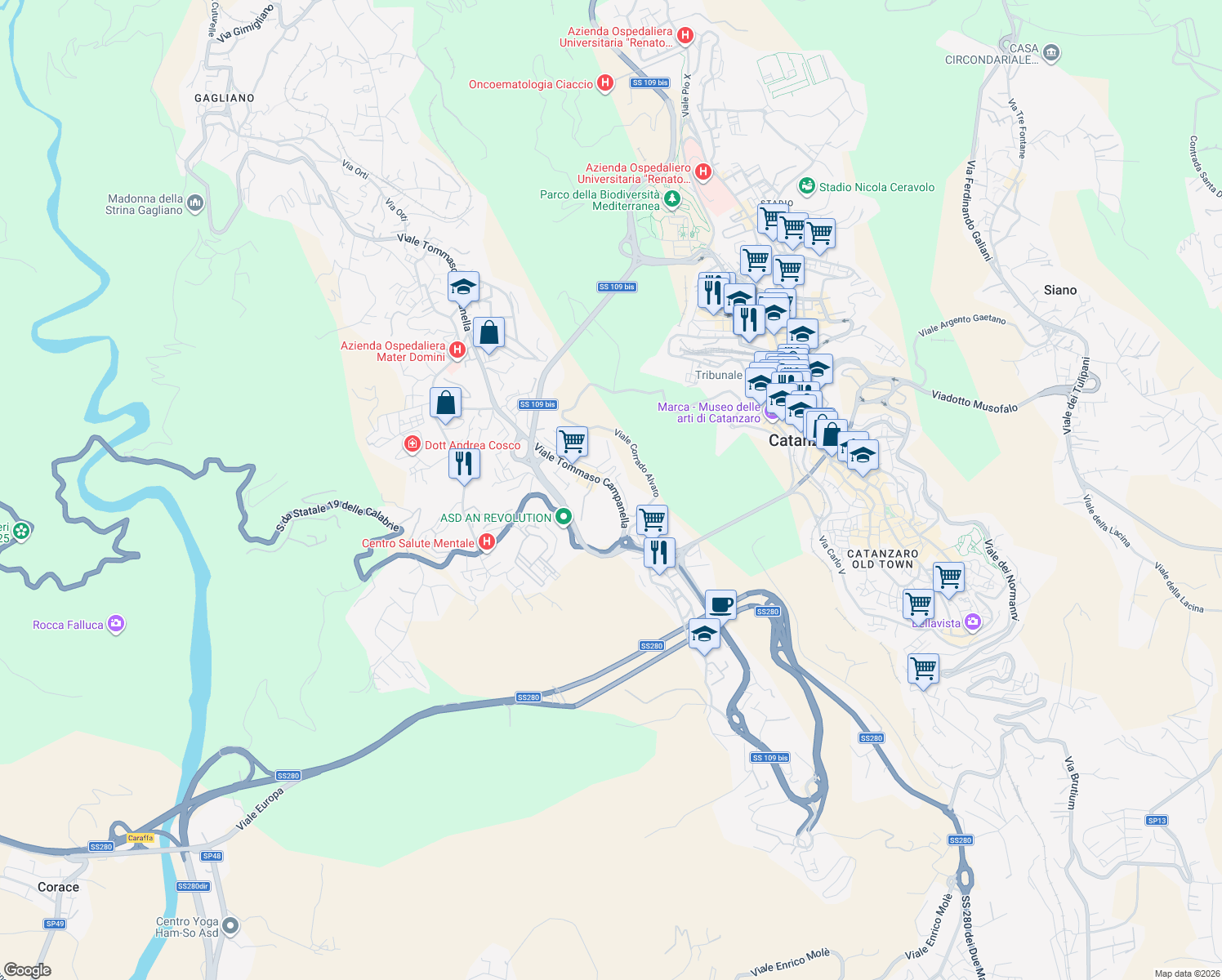 map of restaurants, bars, coffee shops, grocery stores, and more near 8b Viale Tommaso Campanella in Catanzaro