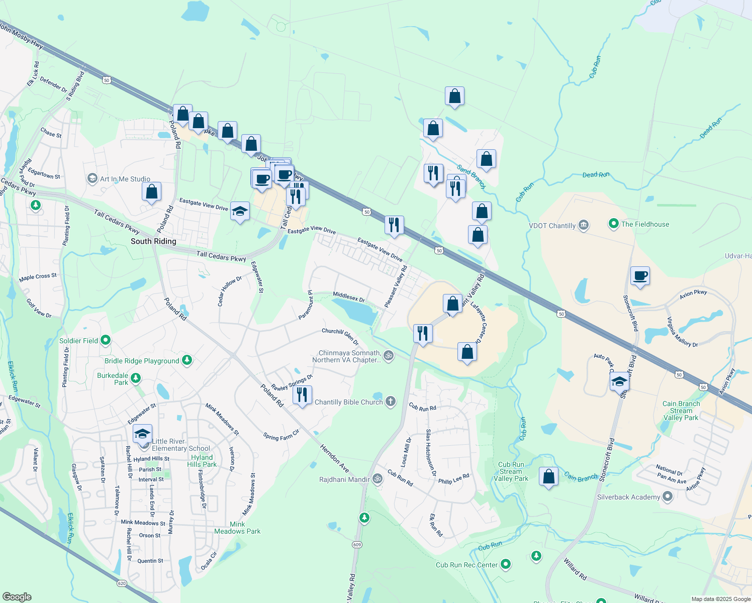 map of restaurants, bars, coffee shops, grocery stores, and more near 43926 Middlesex Drive in Chantilly