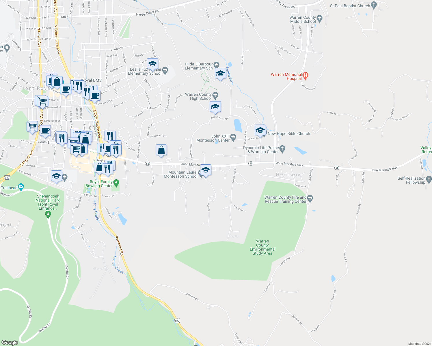 map of restaurants, bars, coffee shops, grocery stores, and more near 1347 Robinhood Lane in Front Royal