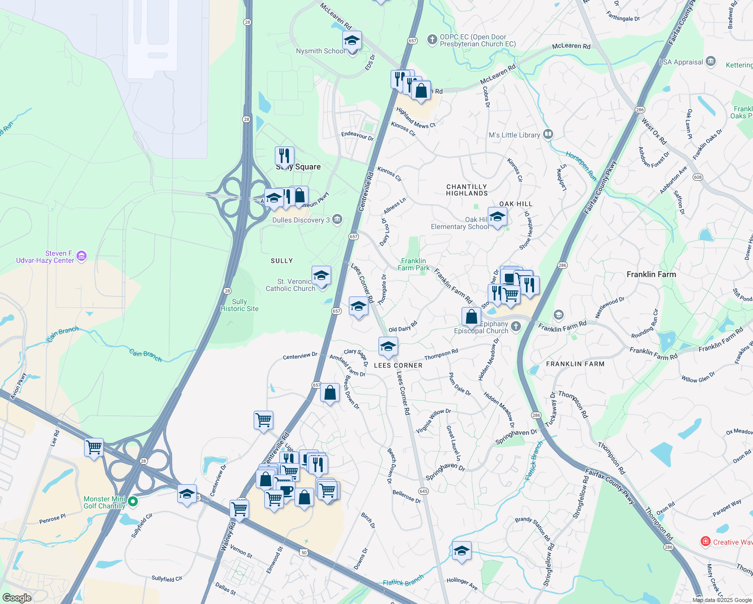 map of restaurants, bars, coffee shops, grocery stores, and more near 3324 Thorngate Drive in Herndon