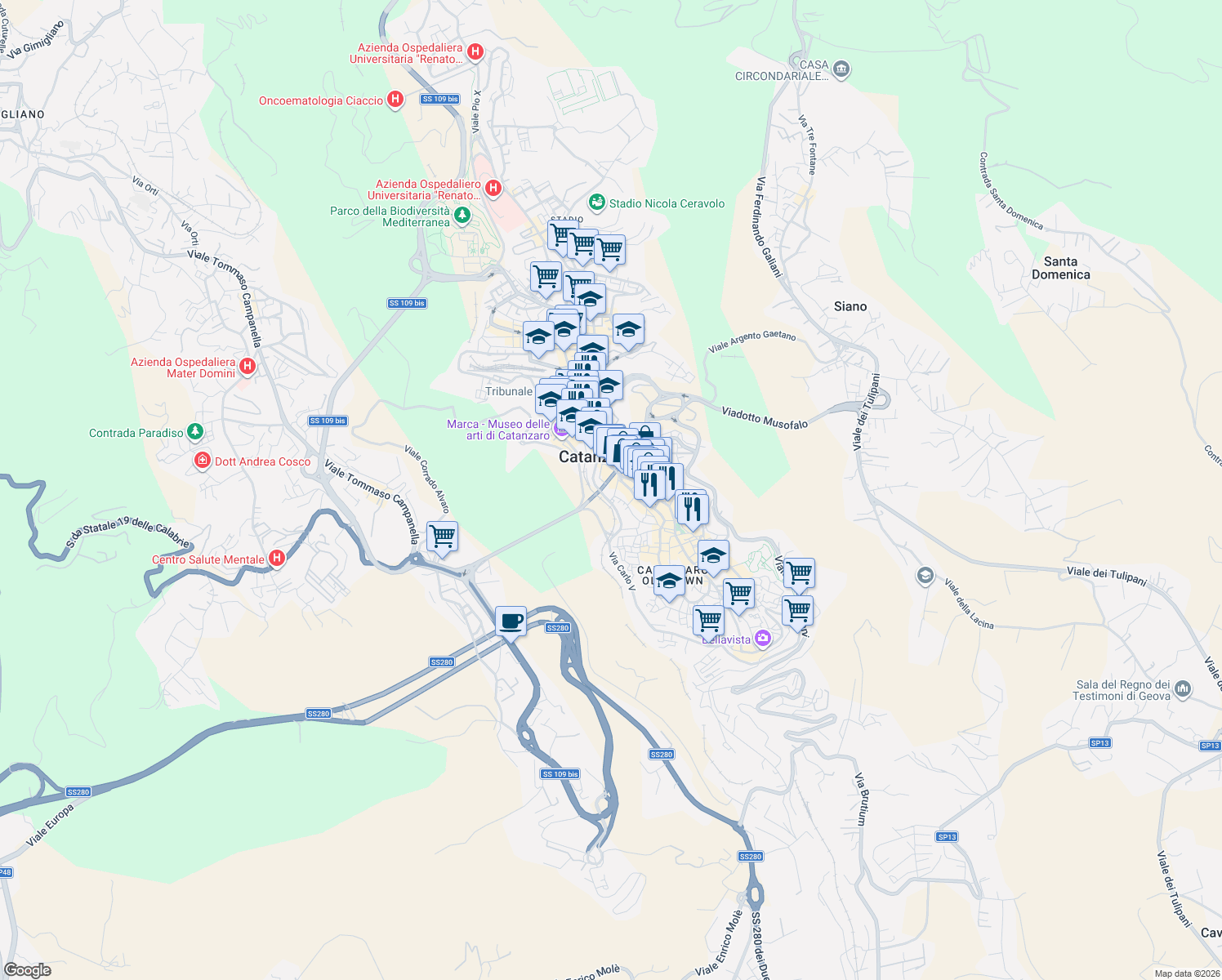 map of restaurants, bars, coffee shops, grocery stores, and more near 19 Discesa Case Arse in Catanzaro