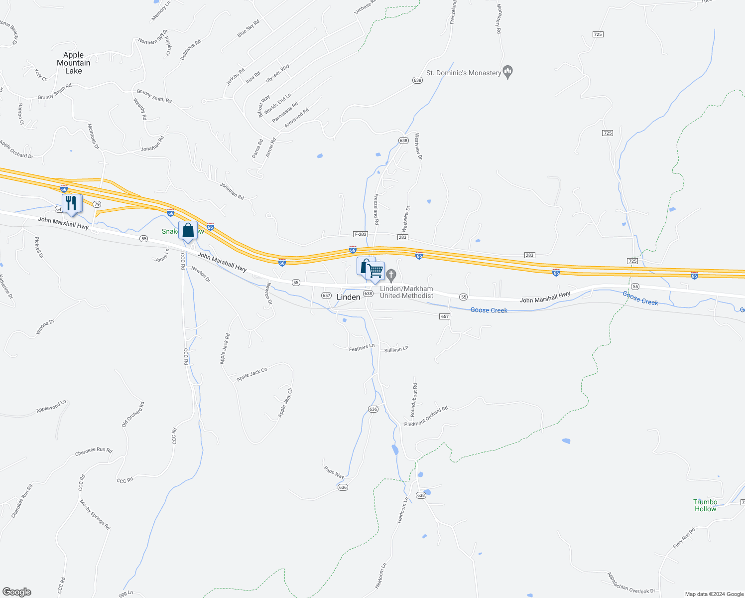 map of restaurants, bars, coffee shops, grocery stores, and more near 1788 Fiery Run Road in Linden