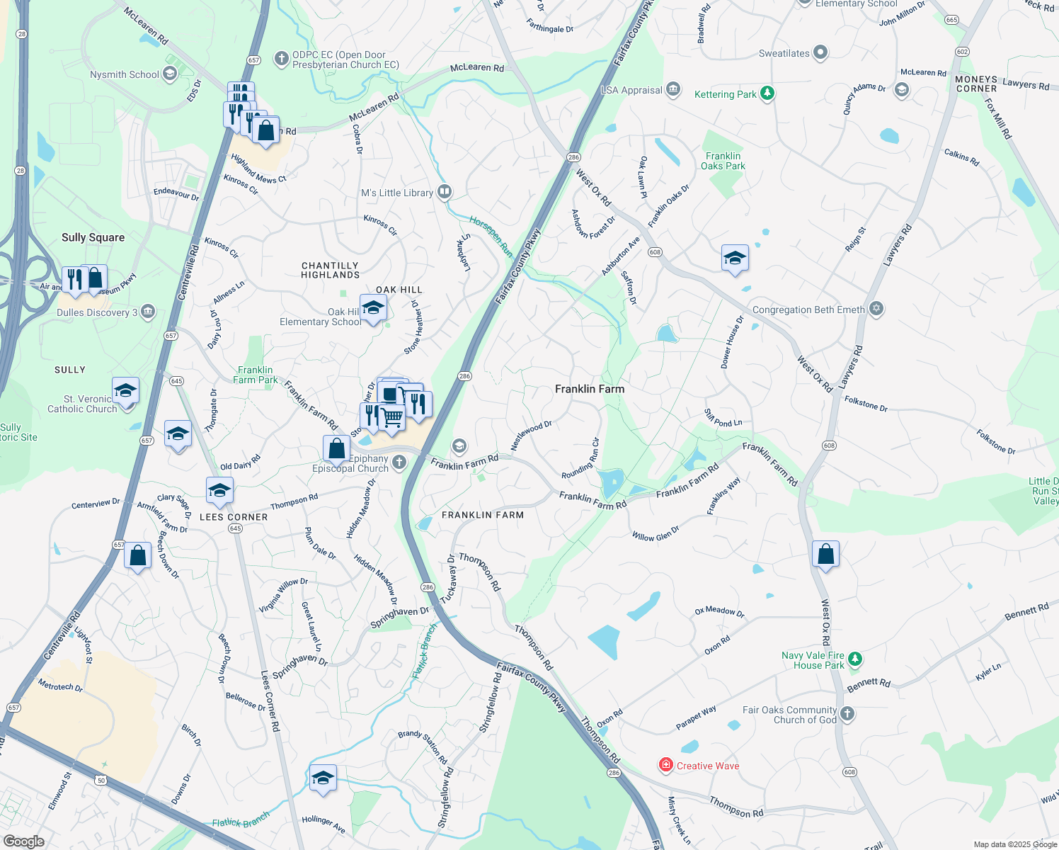 map of restaurants, bars, coffee shops, grocery stores, and more near 3216 Nestlewood Drive in Herndon