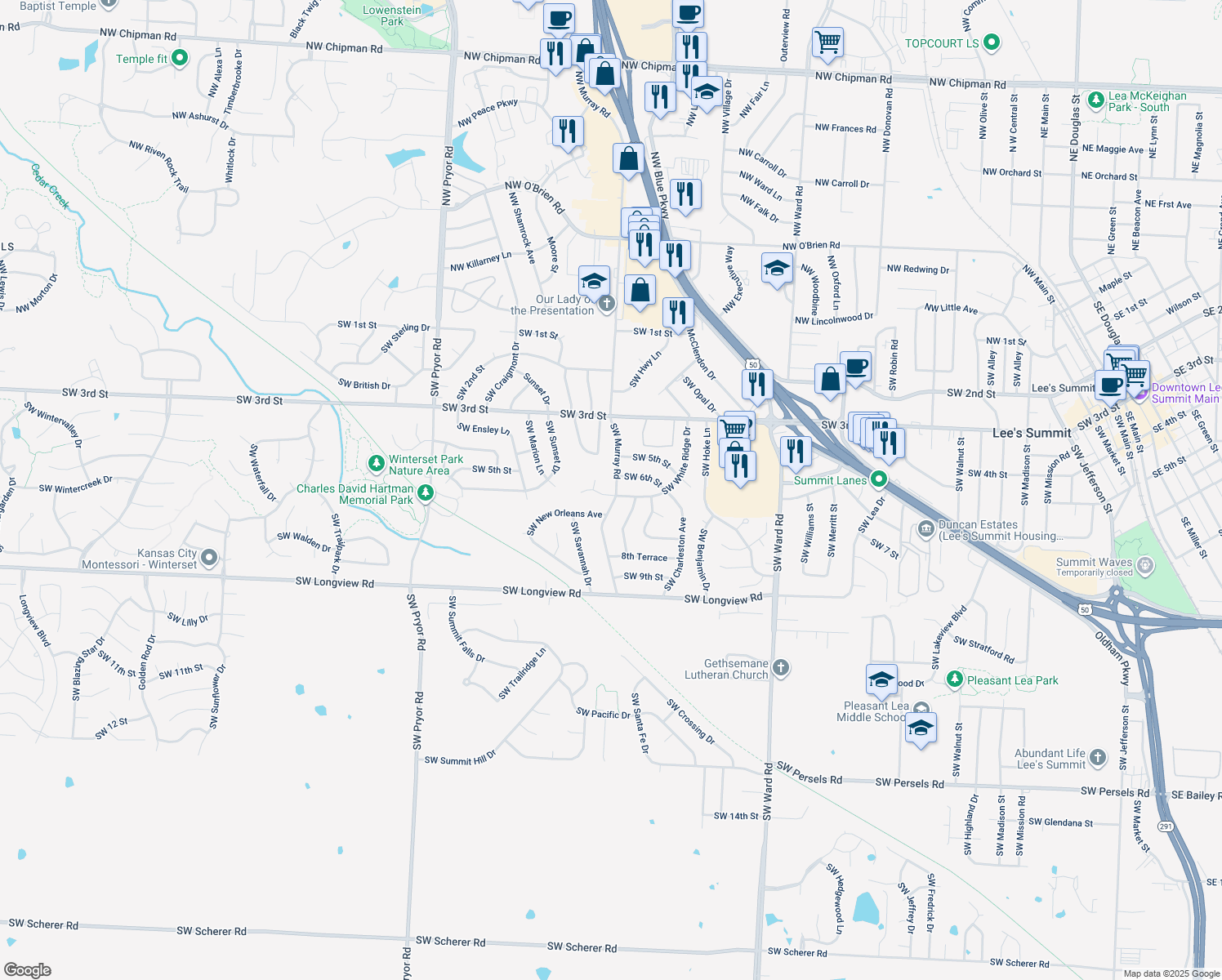 map of restaurants, bars, coffee shops, grocery stores, and more near 604 SW Murray Rd in Lee's Summit