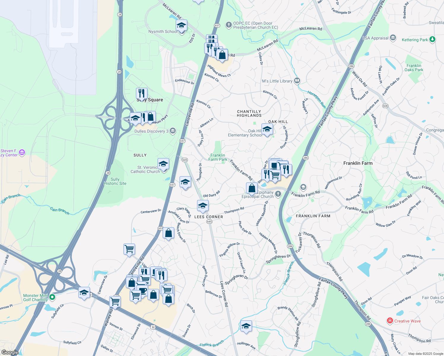 map of restaurants, bars, coffee shops, grocery stores, and more near 13505 Huntsfield Court in Herndon