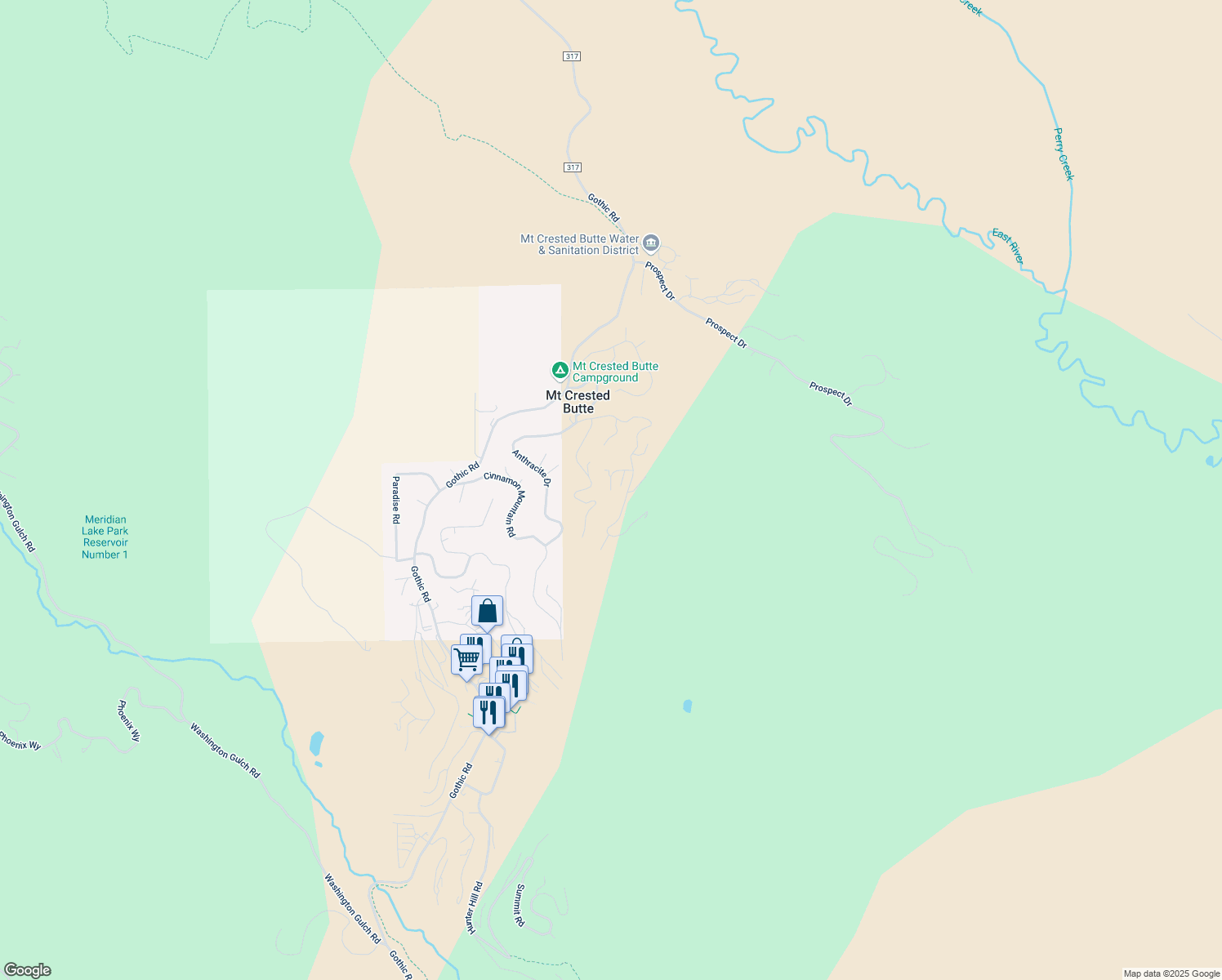 map of restaurants, bars, coffee shops, grocery stores, and more near 99 Aspen Ln in Crested Butte