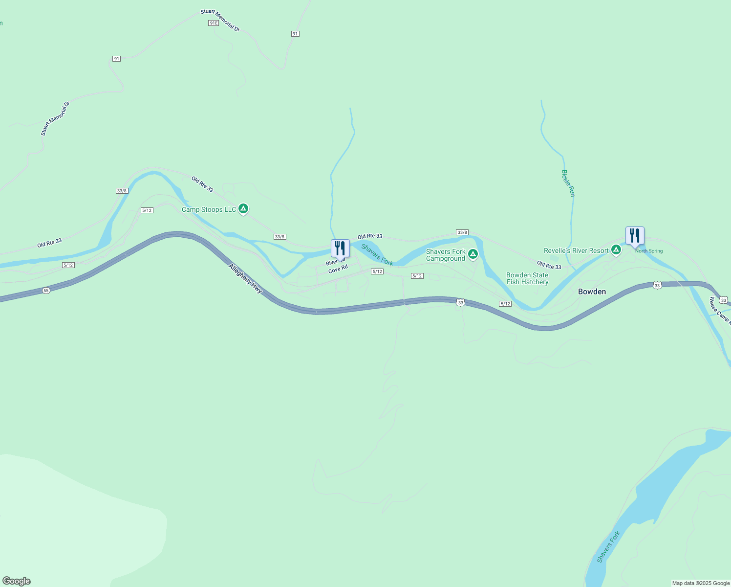 map of restaurants, bars, coffee shops, grocery stores, and more near U U.S. 33 in Elkins