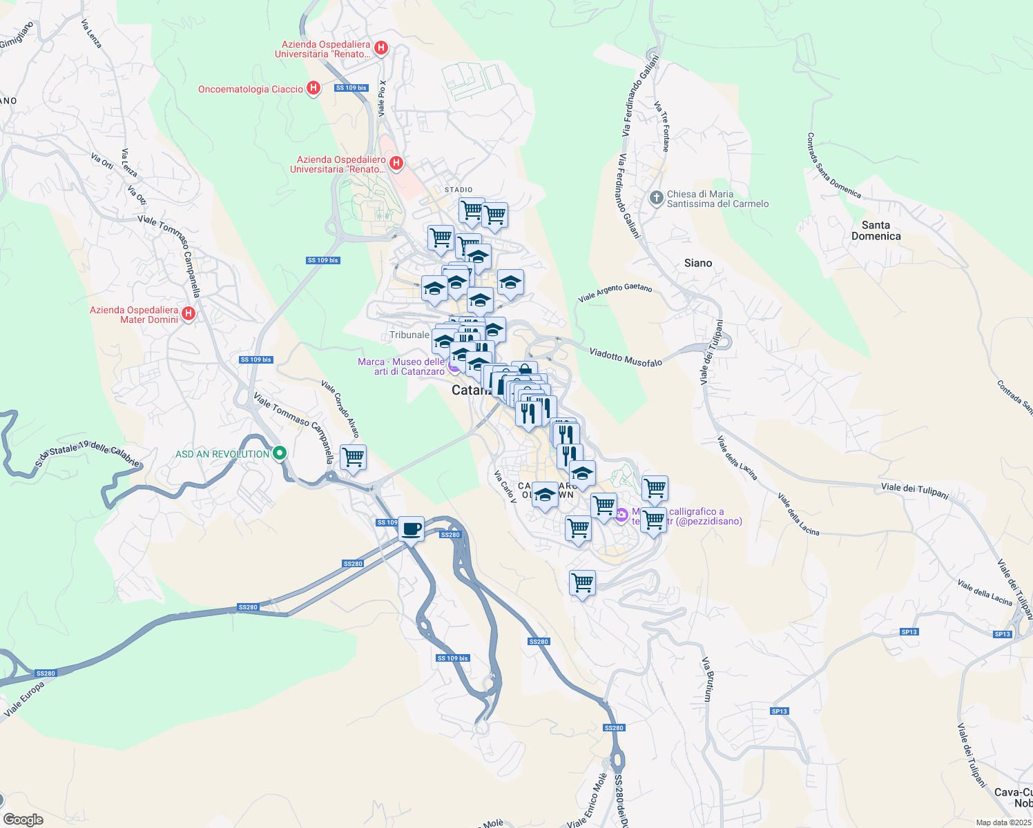 map of restaurants, bars, coffee shops, grocery stores, and more near 45 Corso Giuseppe Mazzini in Catanzaro