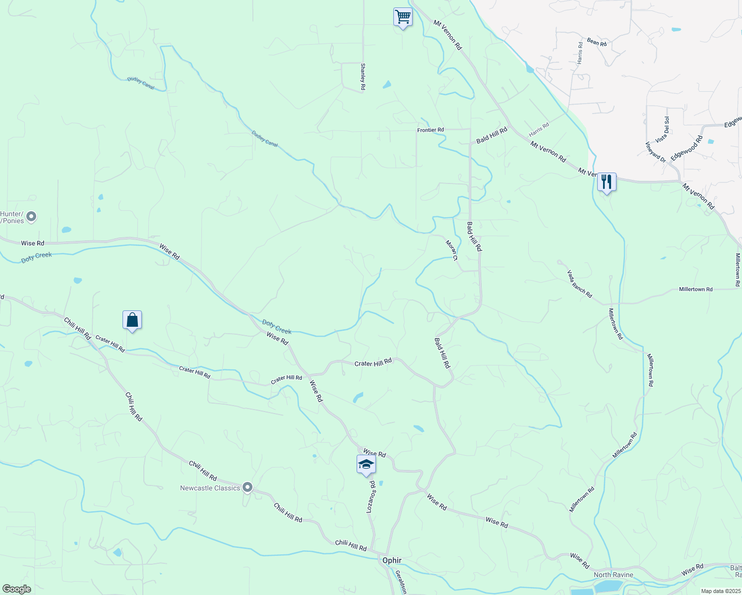 map of restaurants, bars, coffee shops, grocery stores, and more near 2230 Spanish Corral Lane in Auburn