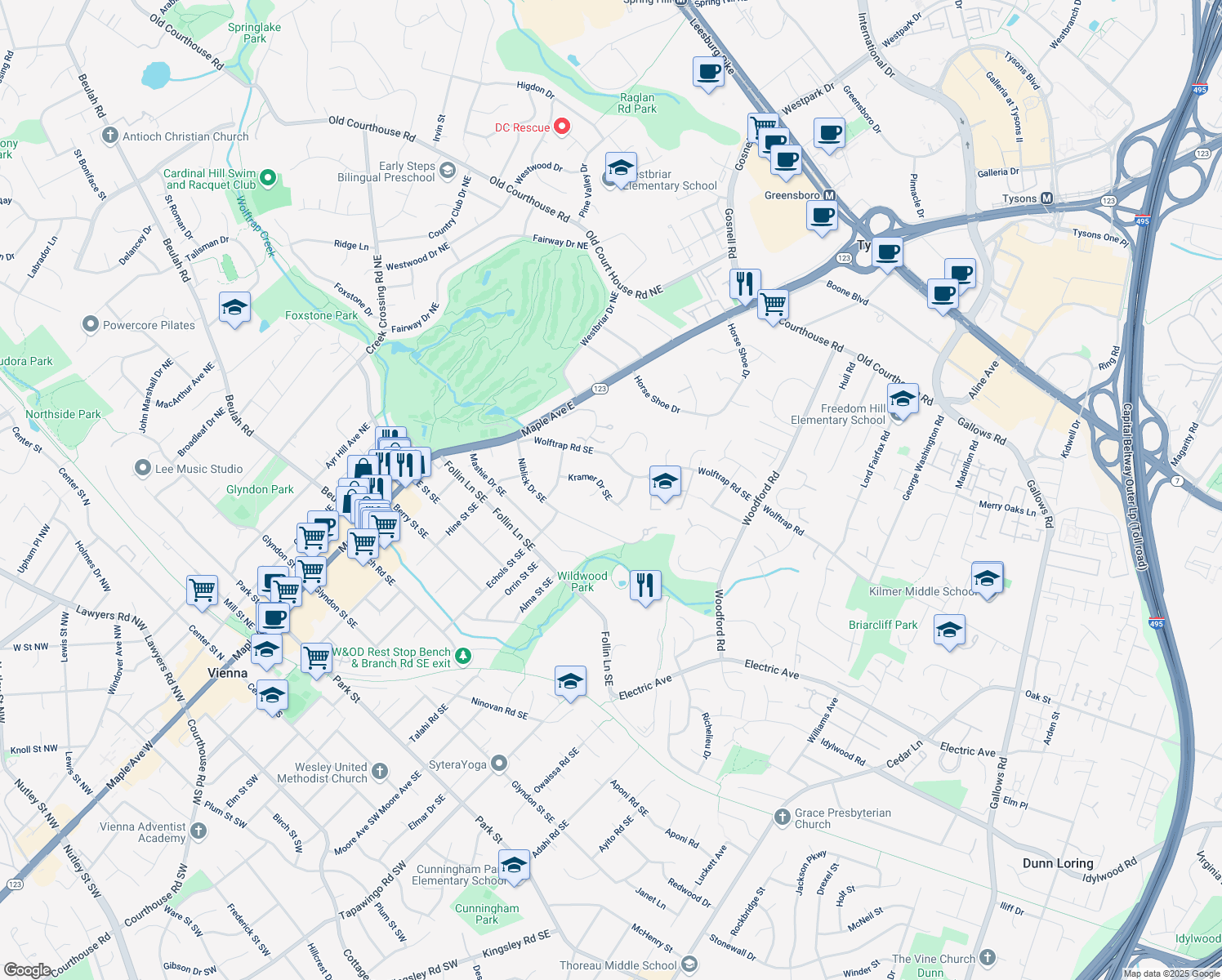 map of restaurants, bars, coffee shops, grocery stores, and more near 502 Kramer Drive Southeast in Vienna