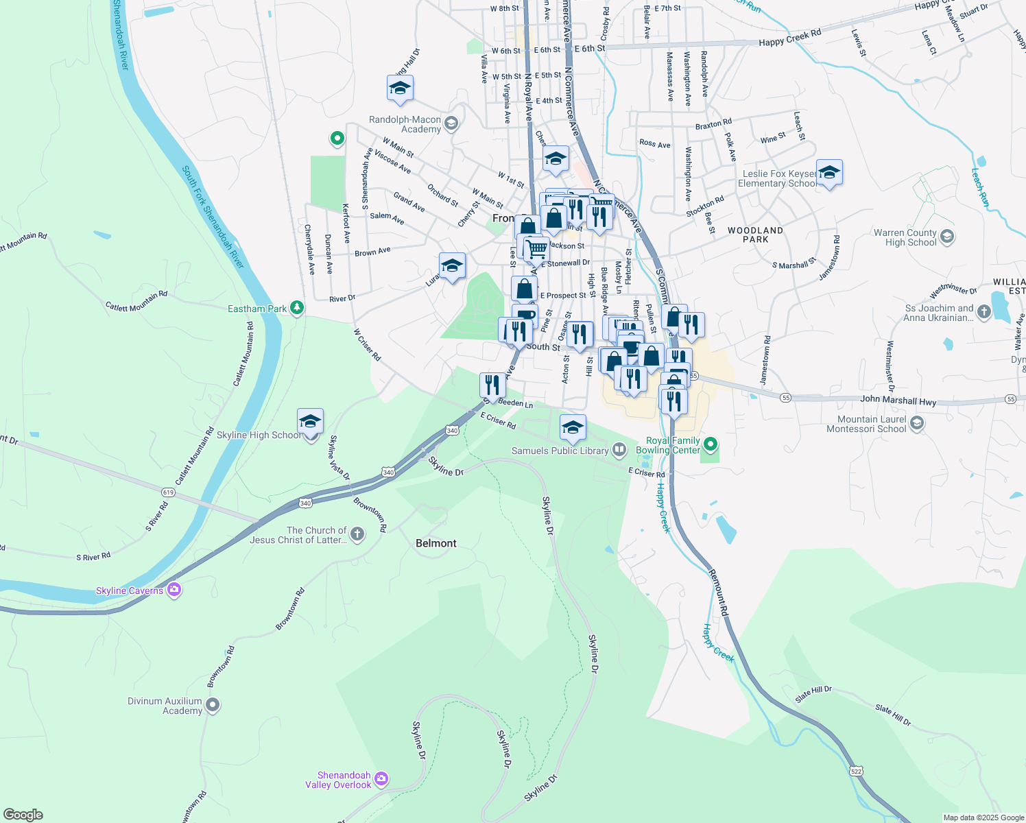 map of restaurants, bars, coffee shops, grocery stores, and more near 99 Beeden Lane in Front Royal