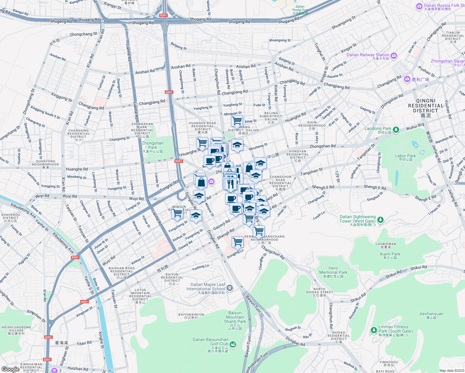 map of restaurants, bars, coffee shops, grocery stores, and more near Wu Si Lu in Da Lian Shi