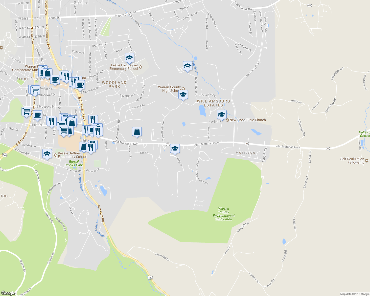 map of restaurants, bars, coffee shops, grocery stores, and more near 1359 Robinhood Lane in Front Royal