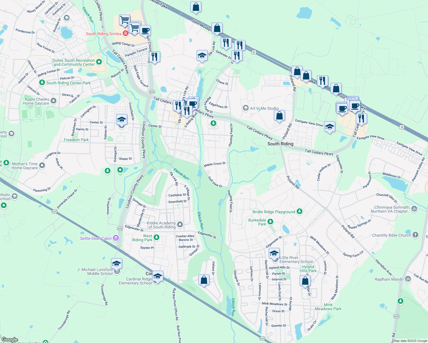 map of restaurants, bars, coffee shops, grocery stores, and more near 25565 Upper Clubhouse Drive in Chantilly