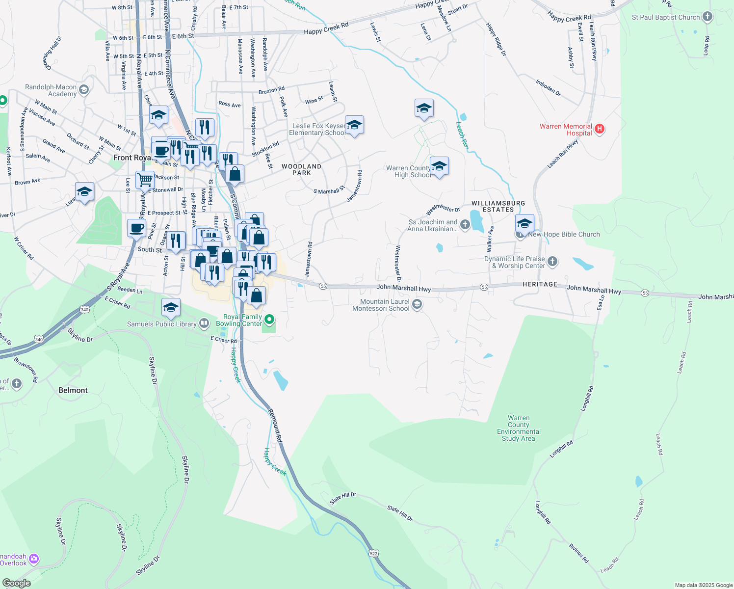 map of restaurants, bars, coffee shops, grocery stores, and more near 1151 John Marshall Highway in Front Royal