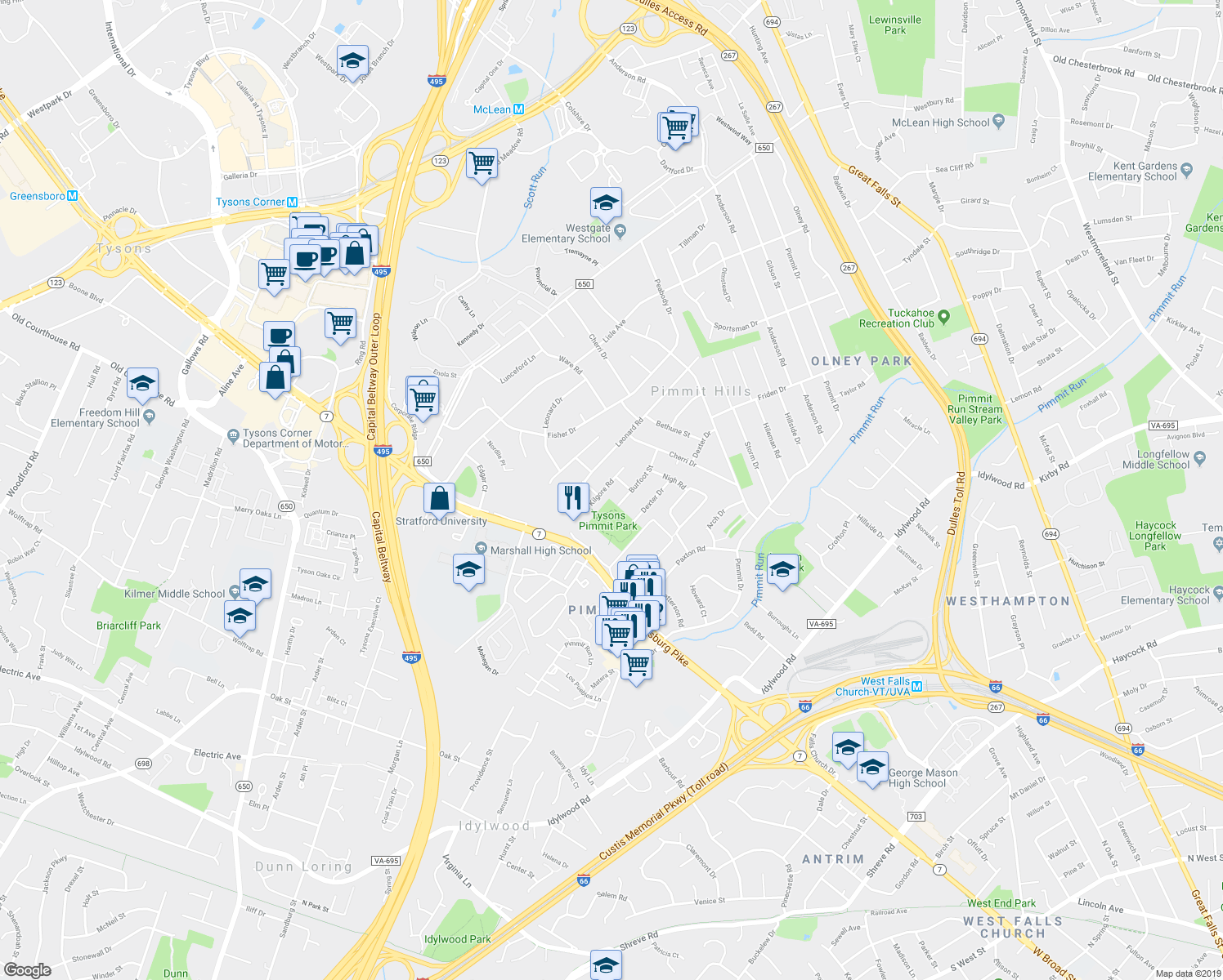map of restaurants, bars, coffee shops, grocery stores, and more near 2021 Kilgore Road in Falls Church