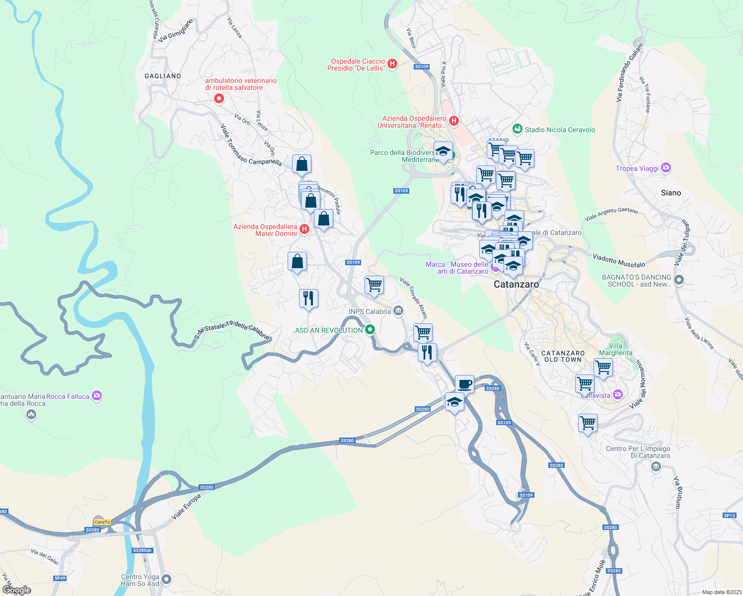 map of restaurants, bars, coffee shops, grocery stores, and more near 8 Viale Tommaso Campanella in Catanzaro