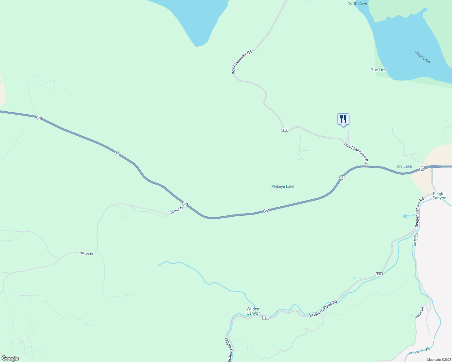 map of restaurants, bars, coffee shops, grocery stores, and more near 9070 California 29 in Lower Lake