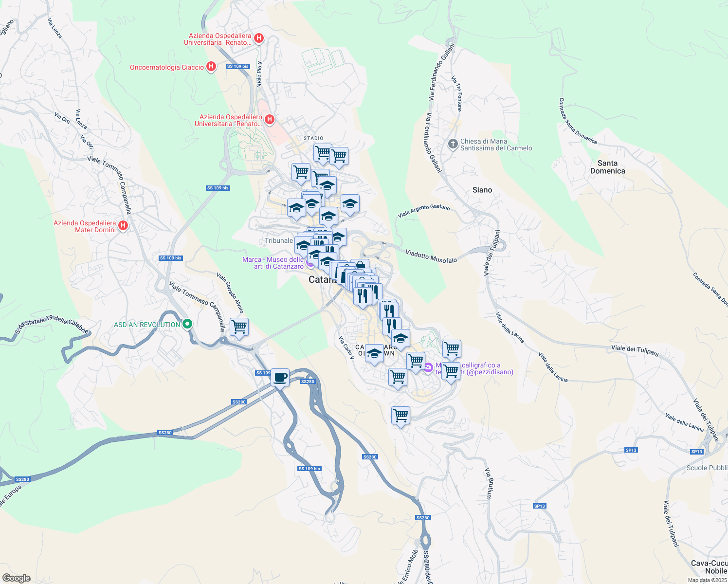 map of restaurants, bars, coffee shops, grocery stores, and more near 45 Corso G. Mazzini in Catanzaro