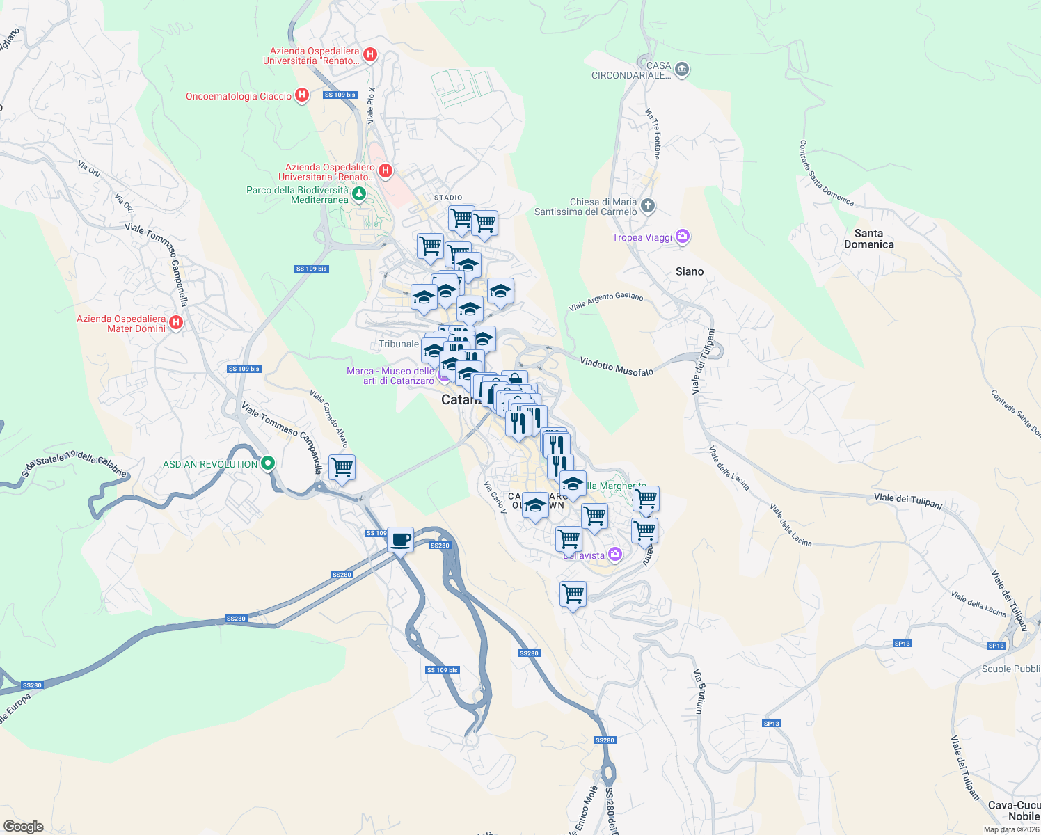 map of restaurants, bars, coffee shops, grocery stores, and more near 45 Corso G. Mazzini in Catanzaro