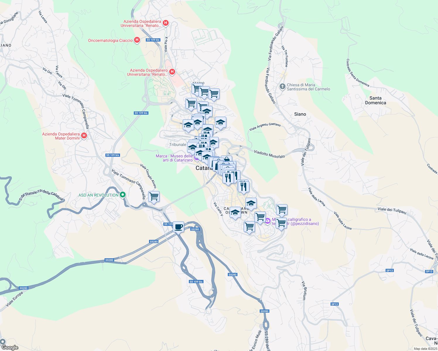 map of restaurants, bars, coffee shops, grocery stores, and more near 1-15 Discesa Case Arse in Catanzaro
