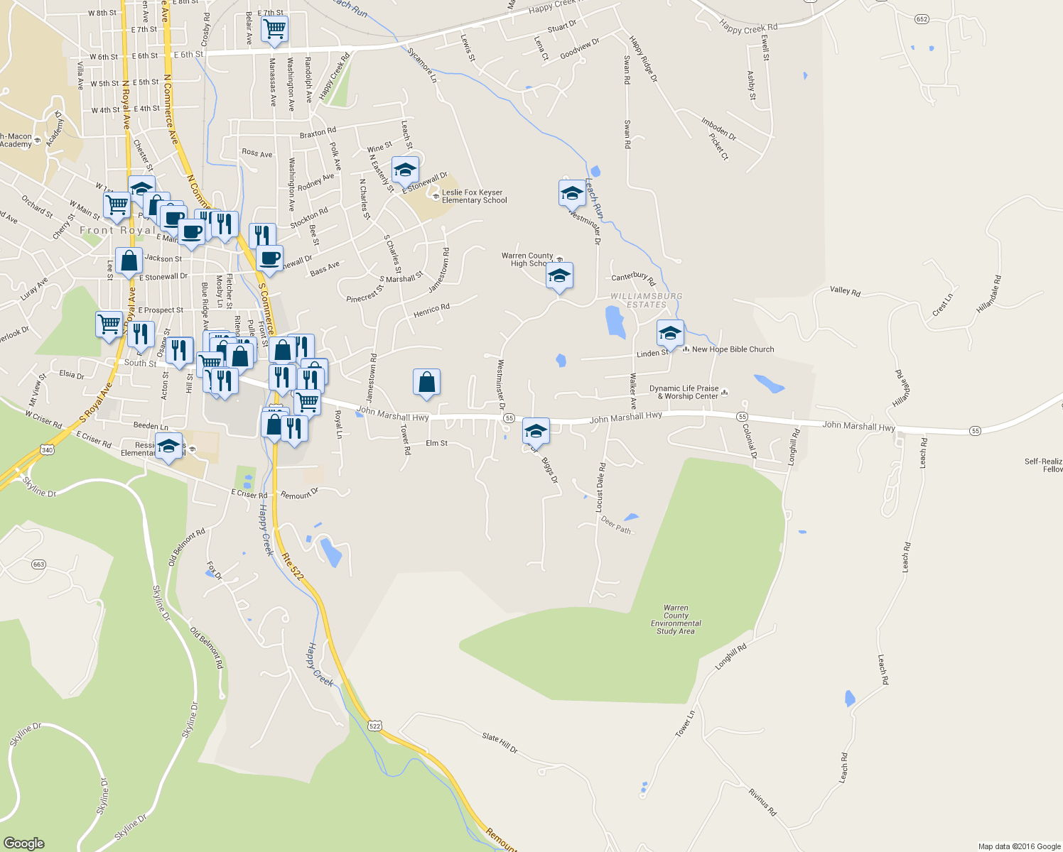map of restaurants, bars, coffee shops, grocery stores, and more near 4 Biggs Drive in Front Royal