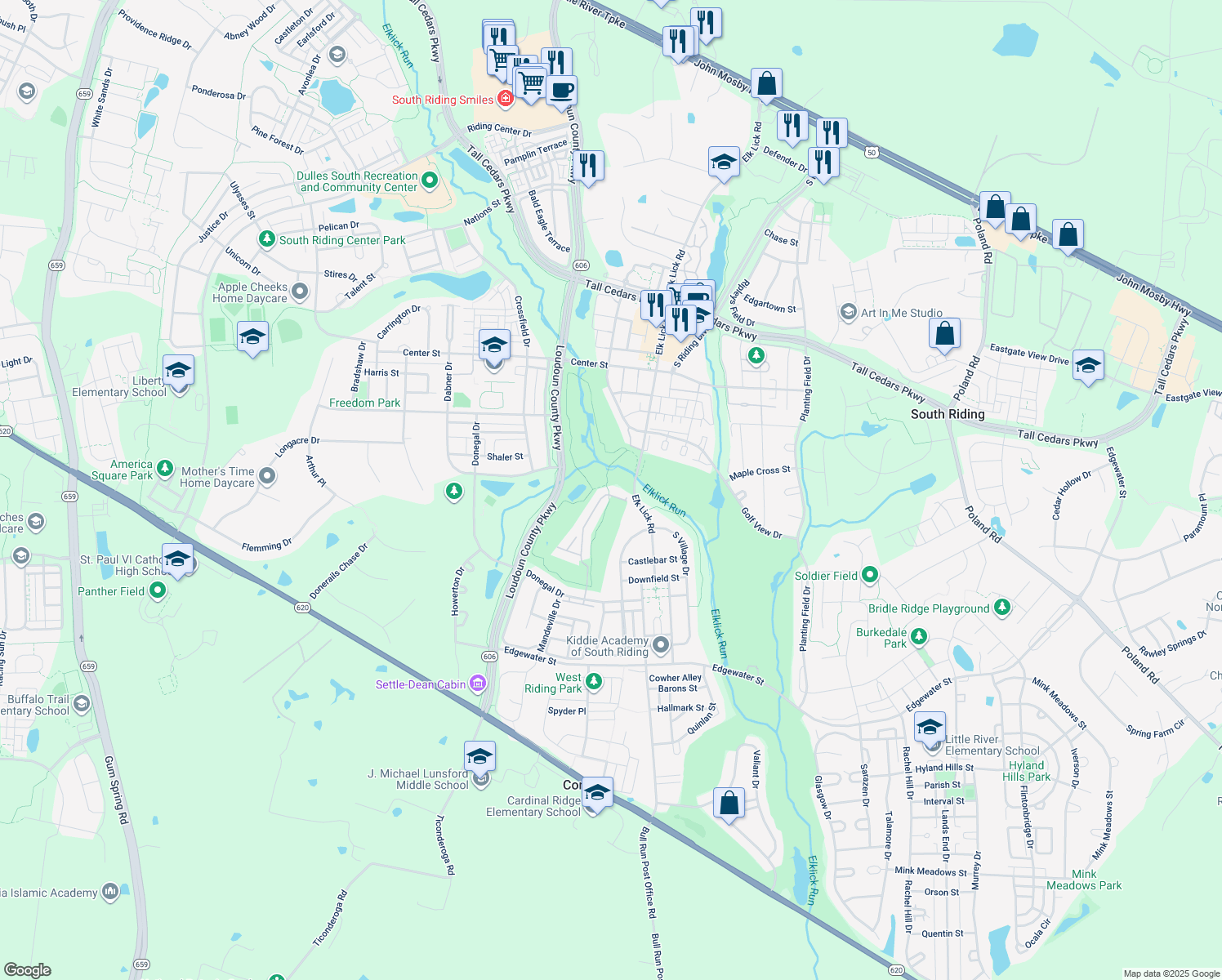 map of restaurants, bars, coffee shops, grocery stores, and more near 25591 Creek Run Terrace in Chantilly
