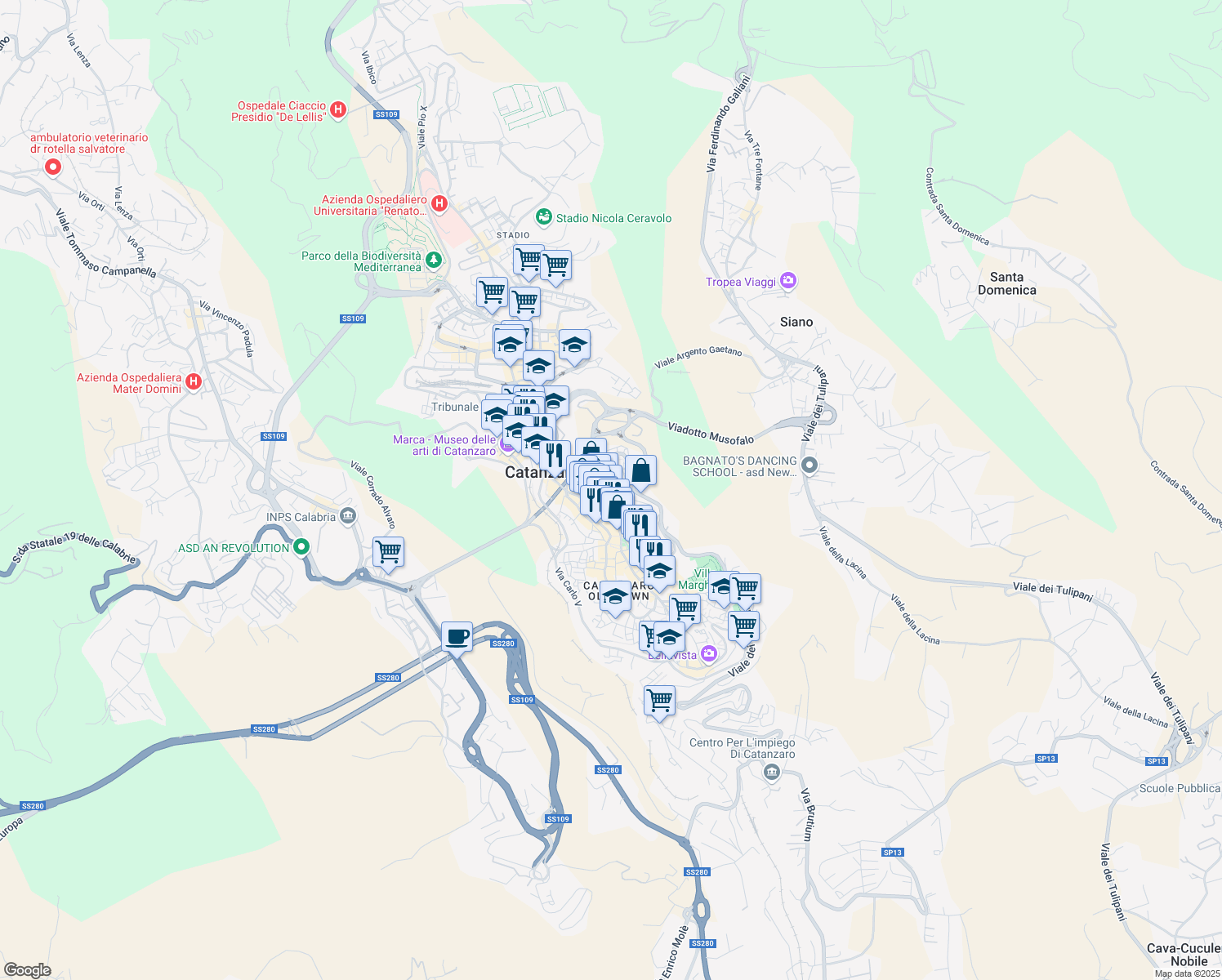 map of restaurants, bars, coffee shops, grocery stores, and more near 61 Corso Giuseppe Mazzini in Catanzaro