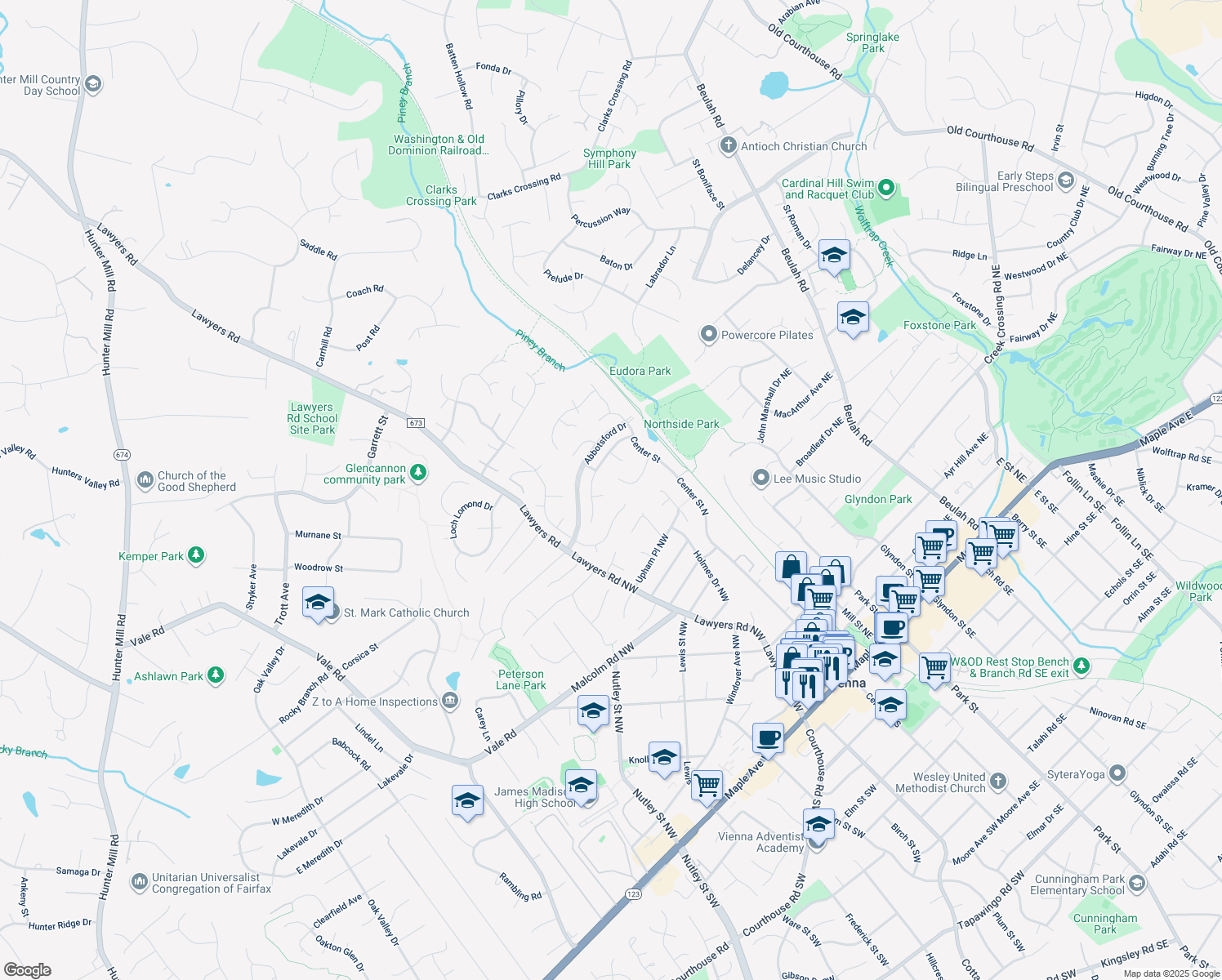 map of restaurants, bars, coffee shops, grocery stores, and more near 9614 Darrow Court in Vienna